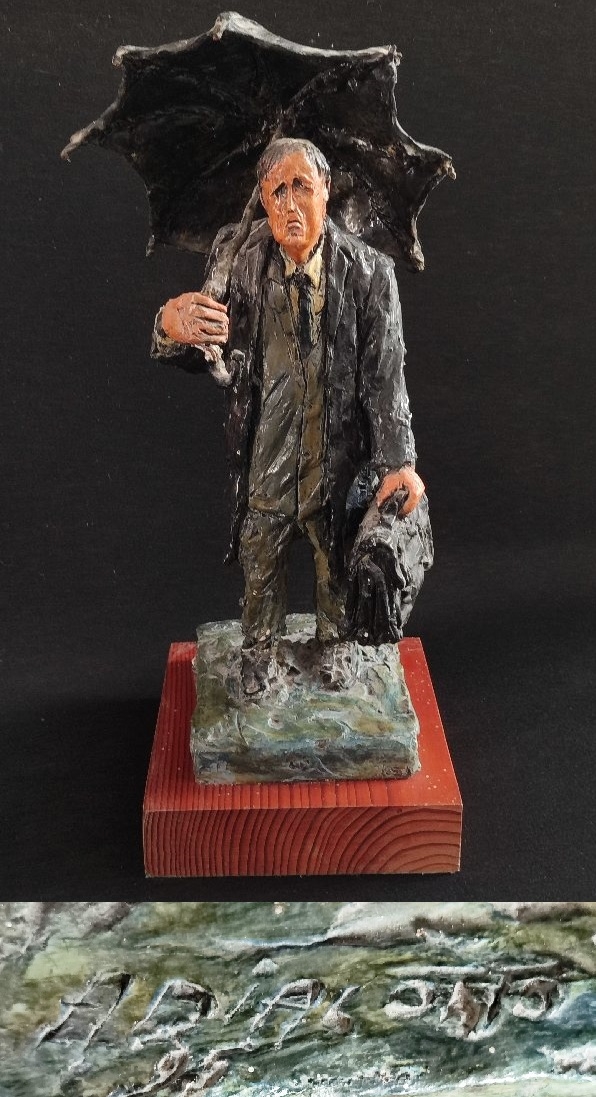 Artwork by Andrew Diacono, Man with umbrella, Made of sculpture on wooden base