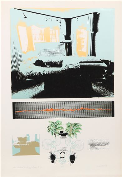 A graphic print featuring a stylized bedroom scene, a grid with an orange line, and botanical illustrations.