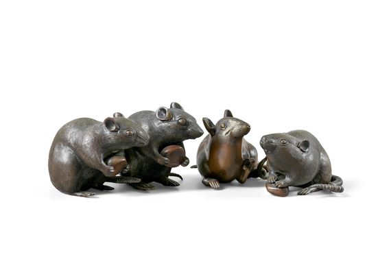Three small Japanese bronze rats by Japanese School
