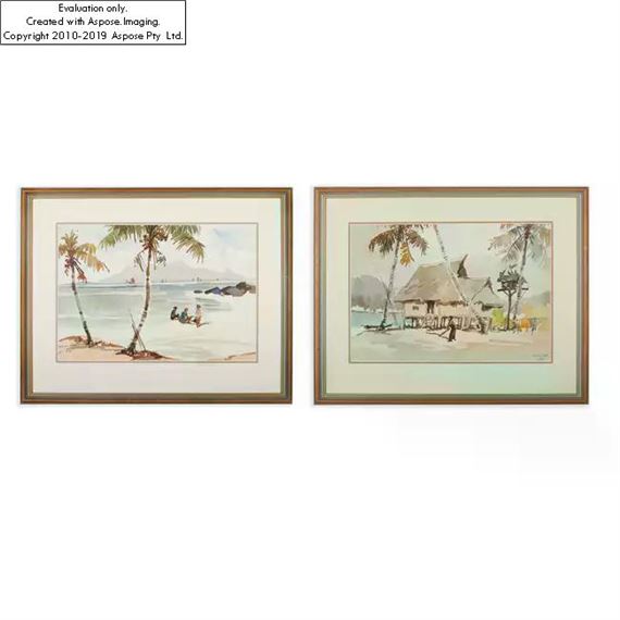 Yong Mun Sen (1896-1962) 'untitled' Watercolour, each painted with a figurative seaside view, each signed Mun Sen 50, dated 1950, framed and glazed by Yong Mun Sen, dated 1950