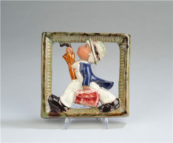 a window picture with depiction of a boy with hat, umbrella and bag, Vienna, 1947-51 by Walter Bosse