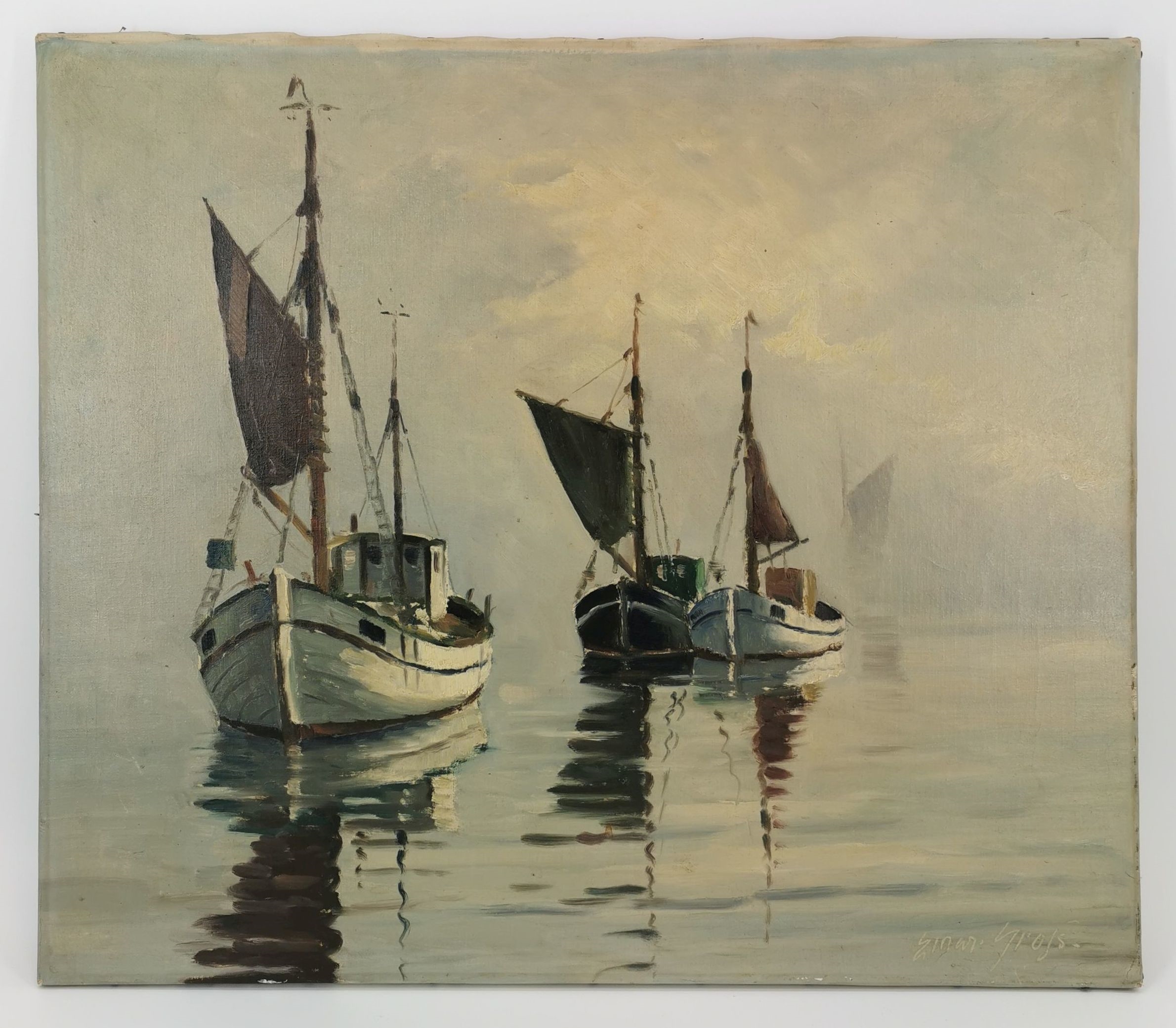 Artwork by Einar Gross, Fischerboote im dunstigen, morgendlichen Licht, Made of Oil on canvas