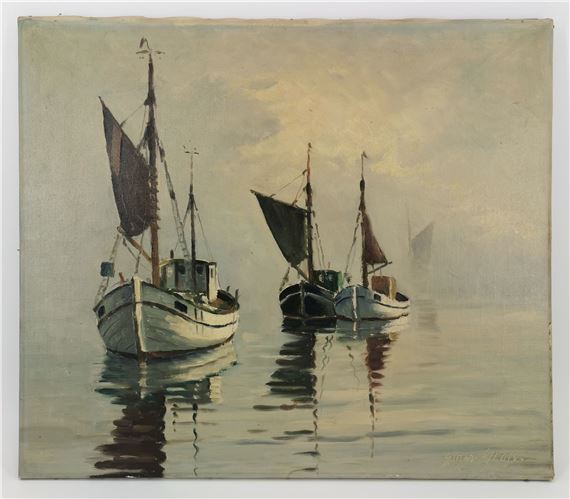 Fischerboote im dunstigen, morgendlichen Licht by Einar Gross