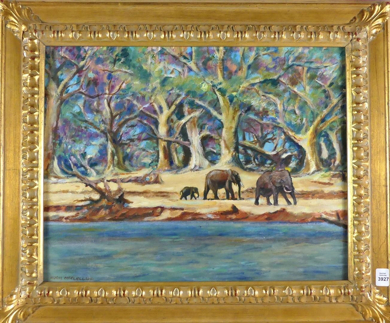 Artwork by Hugh Mcclelland, Untitled: African Elephants at the Waterhole, Made of oil on canvas board