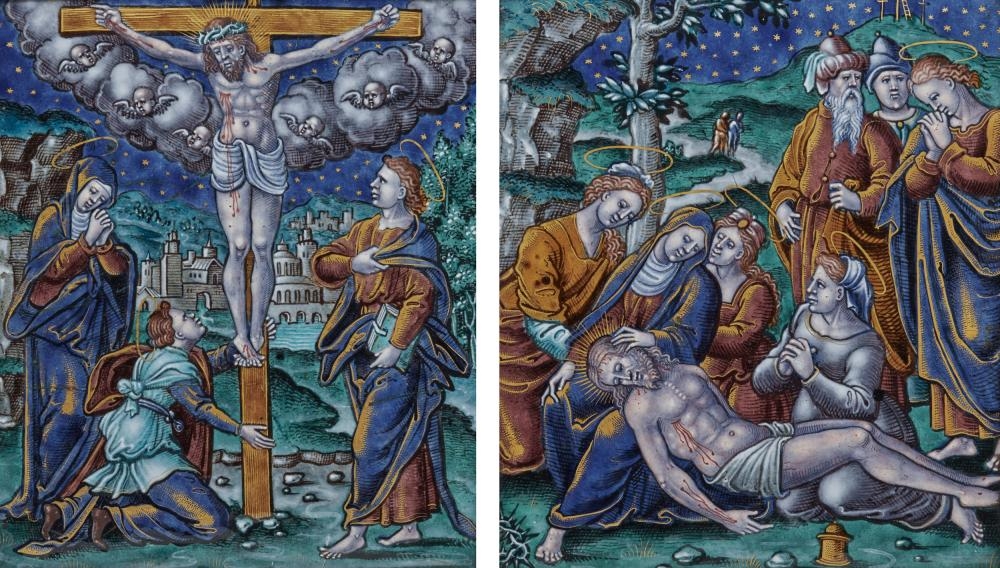 Artwork by Pierre Veyrier II, The Crucifixion and The Lamentation, Made of polychrome and partial-gilt painted enamel on copper