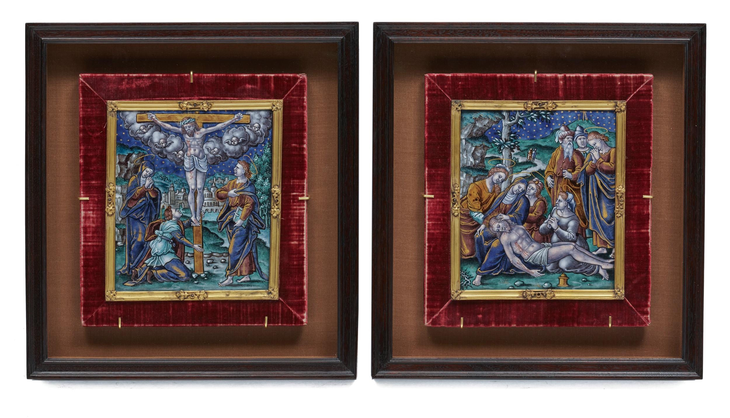 Artwork by Pierre Veyrier II, The Crucifixion and The Lamentation, Made of polychrome and partial-gilt painted enamel on copper