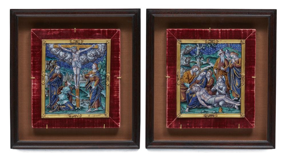 Artwork by Pierre Veyrier II, The Crucifixion and The Lamentation, Made of polychrome and partial-gilt painted enamel on copper