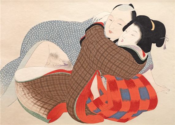 Shunga (erotic scene), illustrating a passionate couple by Takeuchi Keishu, 1897