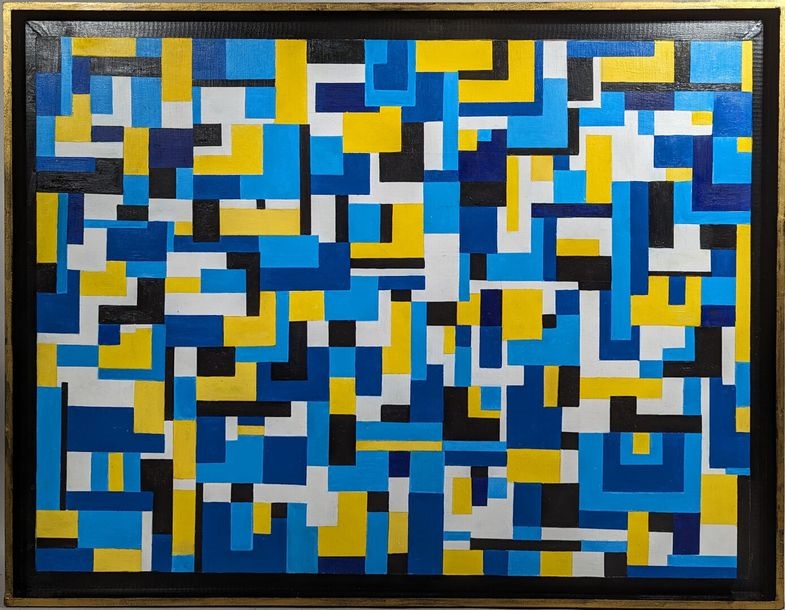 Composition quadrillée bleue et jaune by Jérôme Anger, 2023
