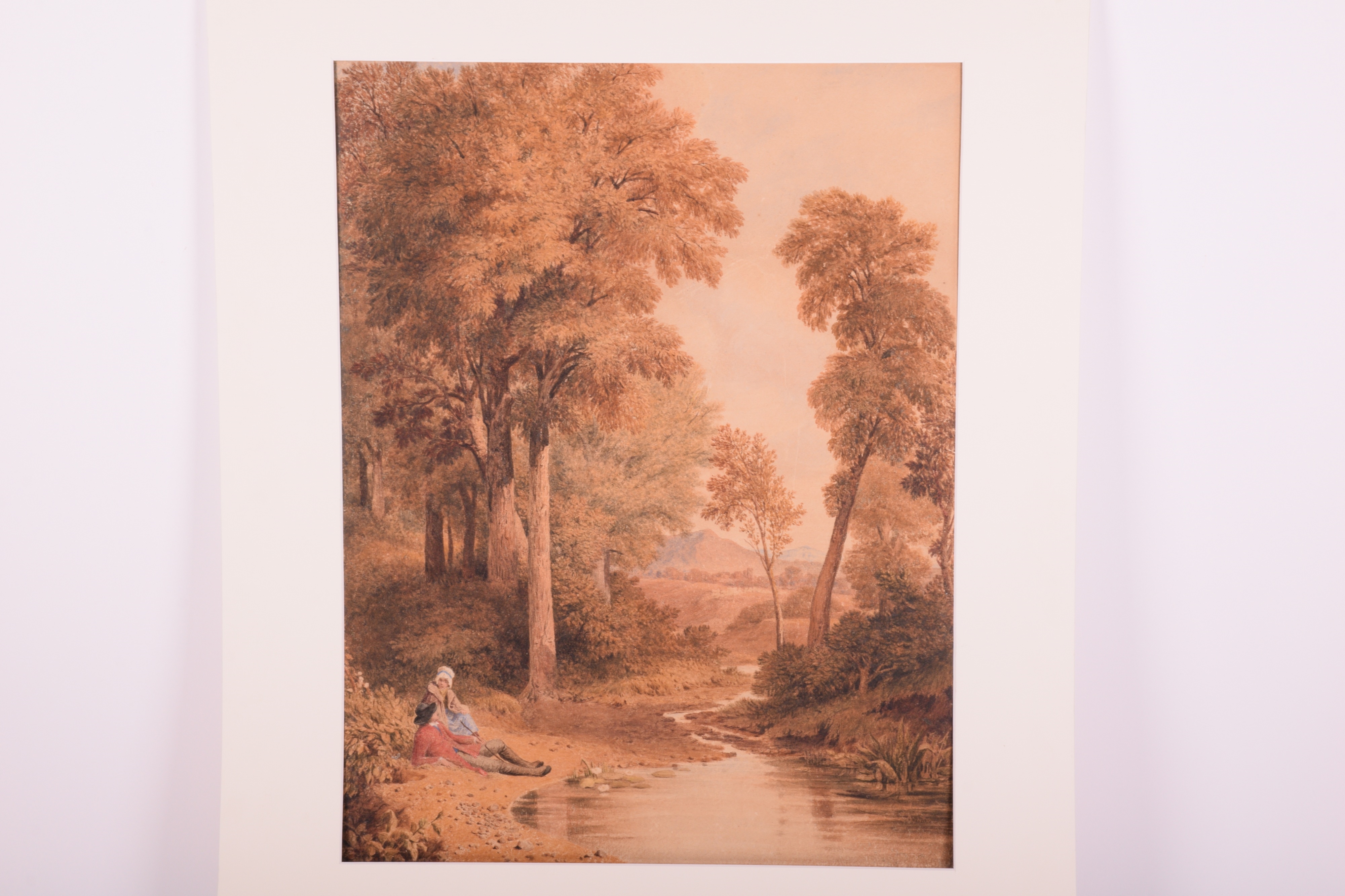 Artwork by Francis Stevens, Couple seated by a stream, Made of watercolour