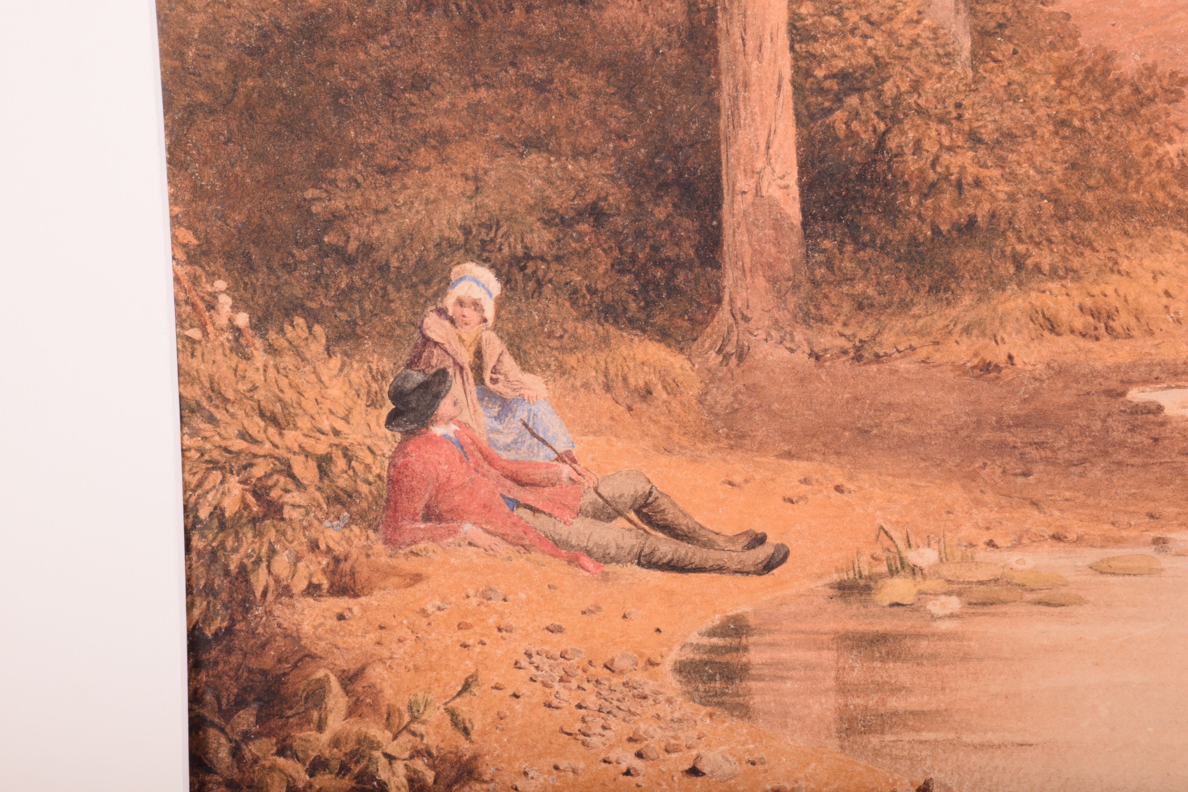 Artwork by Francis Stevens, Couple seated by a stream, Made of watercolour