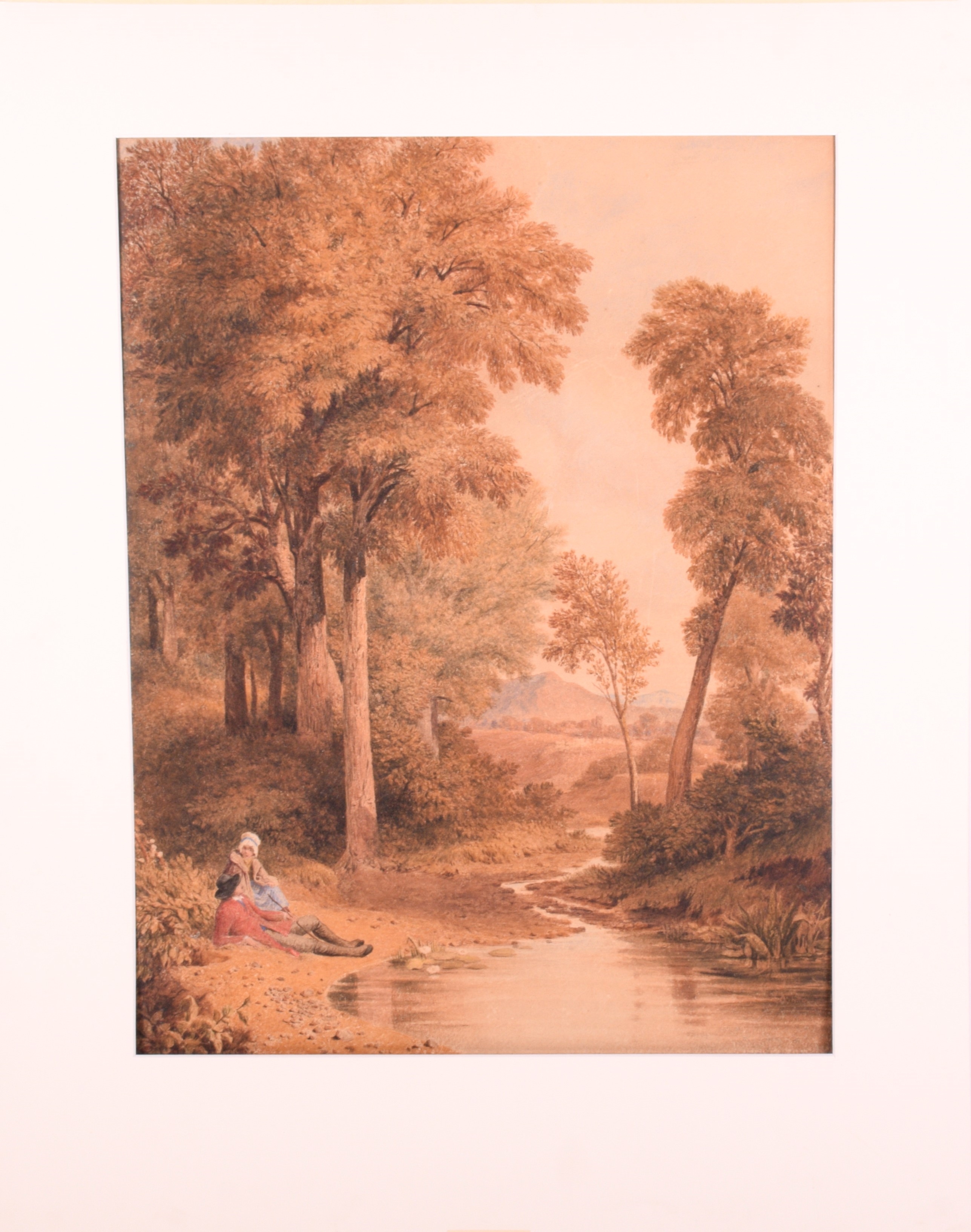 Artwork by Francis Stevens, Couple seated by a stream, Made of watercolour