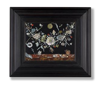 A Dutch Baroque engraved mother-of-pearl, bone and hardstone inlaid slate panel - Dirck Van Rijswijck