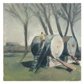 A solitary figure climbs a ladder to reach the top of a large cylindrical tank in a quiet, tree-lined landscape.