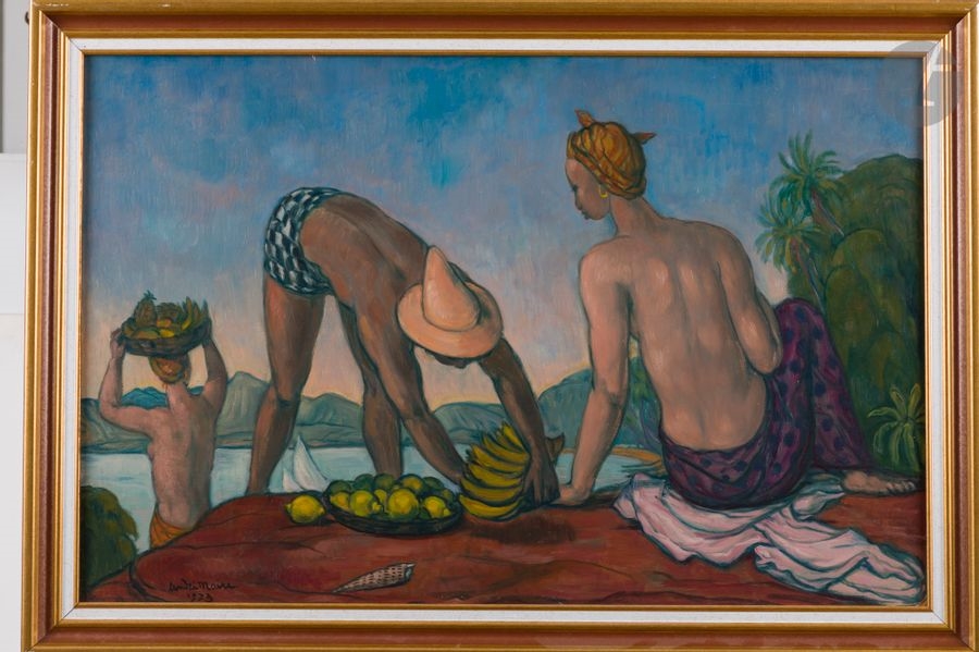 Artwork by André Maire, Les Ramasseurs de fruits, 1973, Made of Oil on cardboard