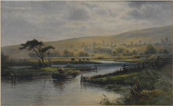 Lake scene with man in a boat - T. Miller