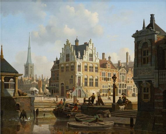 A sunny Dutch cityscape with many figures at the quay by Jan Hendrik Verheijen
