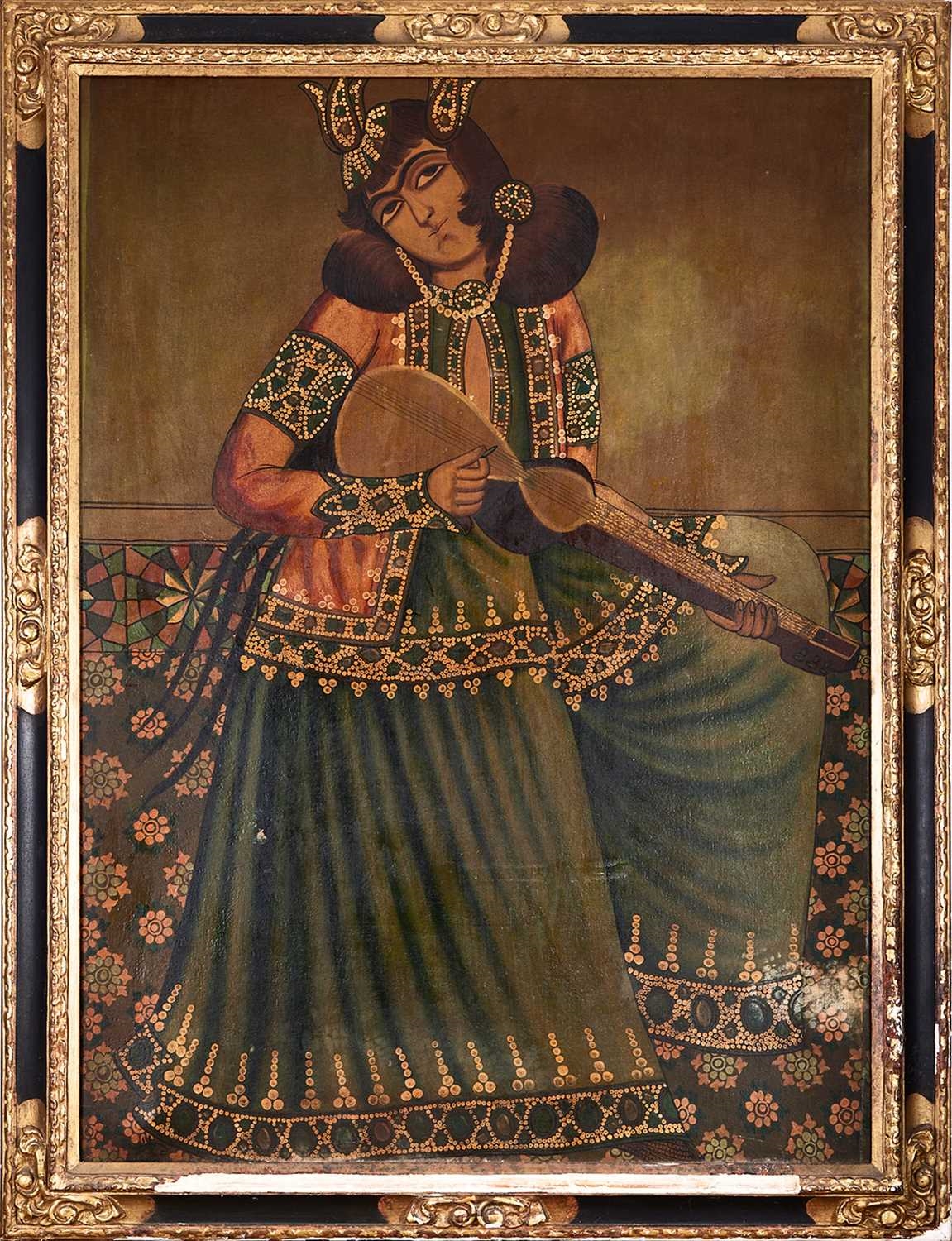 A LARGE LATE 19TH CENTURY QAJAR PAINTING OF A GIRL by Persian School, 19th Century, LATE 19TH CENTURY