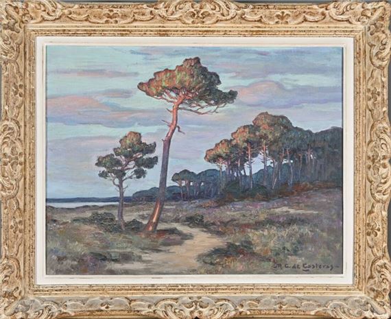 Last rays of sun in the Landes on the tops of seaside pines. by René-Raymond Gouget de Casteras