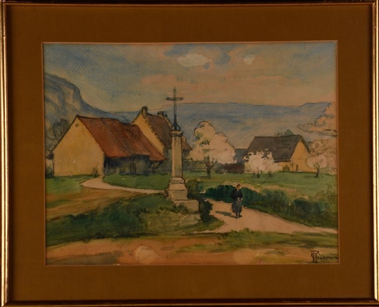 Artwork by Yvonne Récamier, Hameau du Revermont au printemps, Made of Watercolor and charcoal