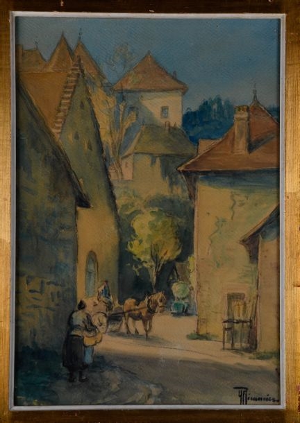 Artwork by Yvonne Récamier, Scène animée dans un village du Bugey, Made of Watercolor and ink (wash)