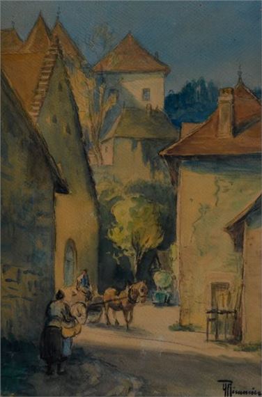 Scène animée dans un village du Bugey by Yvonne Récamier