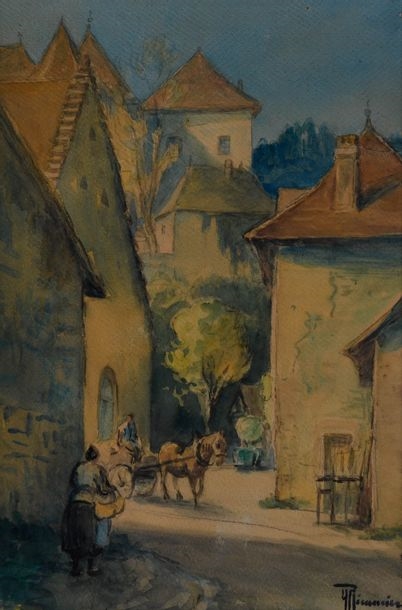 Artwork by Yvonne Récamier, Scène animée dans un village du Bugey, Made of Watercolor and ink (wash)