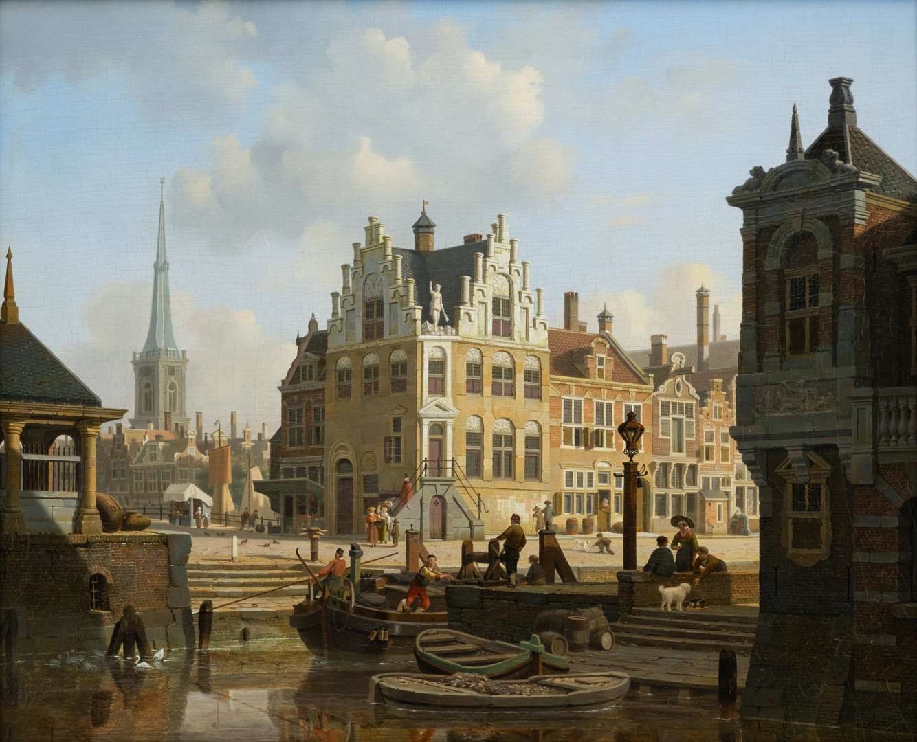 Artwork by Jan Hendrik Verheijen, A sunny Dutch cityscape with many figures at the quay, Made of oil on panel