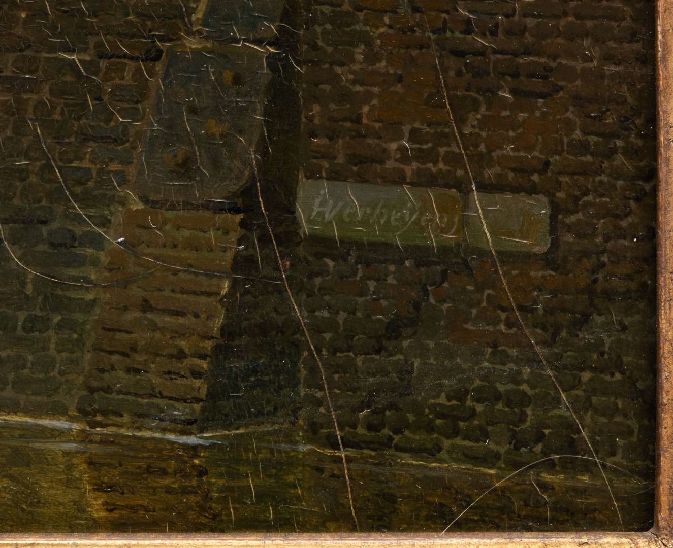 Artwork by Jan Hendrik Verheijen, A sunny Dutch cityscape with many figures at the quay, Made of oil on panel