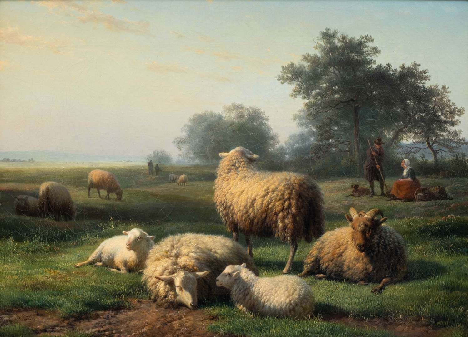 Hendrik van de Sande Bakhuyzen | Sheep with lambs resting in a meadow