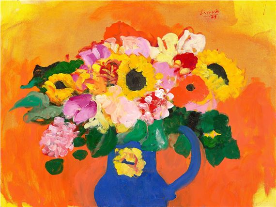 Summer bouquet in blue vase. by Dietmar Lemcke