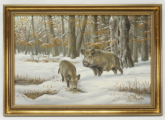 Artwork by Friedrich Reimann, Wildschweine im Schnee, Made of oil on hardboard
