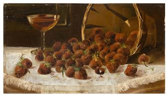 Tabletop still life of a basket of overturned strawberries and a wineglass. - Frants Diderik Bøe