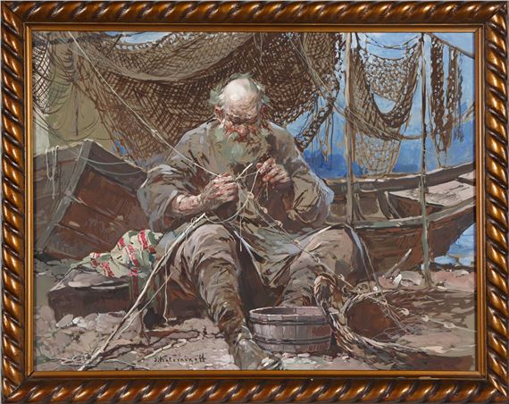 1930’s ビンテージアート Mending Fishing Net Stepan Fedorovich Kolesnikov | Fisherman Mending Nets, circa 1930s