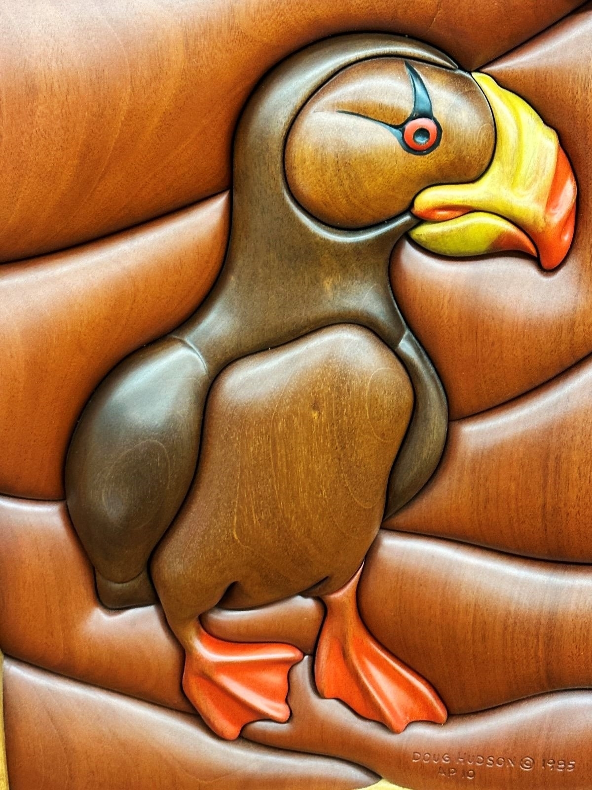 Artwork by Doug Hudson, Doug Hudson Rare Hand Carved Sculptured Wood Mural "Puffin" 1985: Doug Hudson originally from Kodiak Island Alaska, Made of watercolor painting