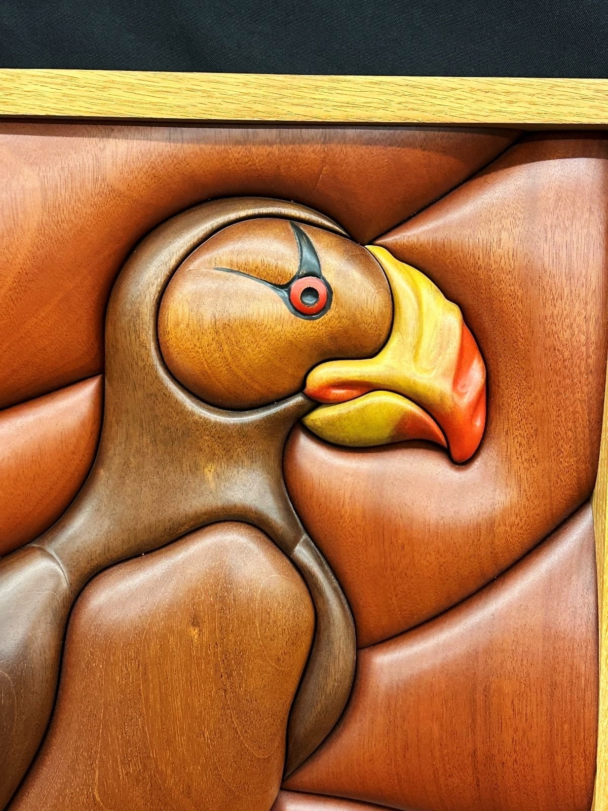 Artwork by Doug Hudson, Doug Hudson Rare Hand Carved Sculptured Wood Mural "Puffin" 1985: Doug Hudson originally from Kodiak Island Alaska, Made of watercolor painting