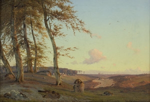 Artwork by Frederik Carl Julius Kraft, Hügellandschaft bei Sonnenuntergang in Seeland, im Hintergrund der Dom von Roskilde