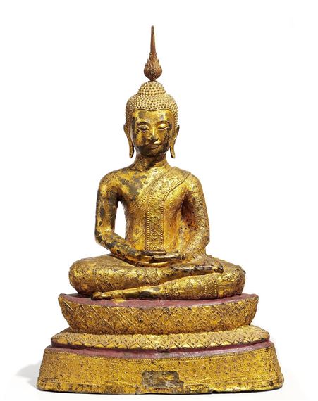 BRONZE BUDDHA IN PRENCELY ADORNMENT SEATED ON THRONE PEDESTAL. by Thai School, 19th Century, 19th century