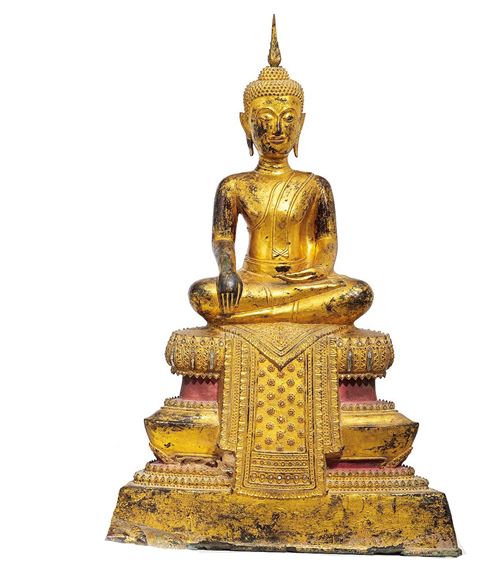 BRONZE BUDDHA SEATED ON THRONE PEDESTAL. by Thai School, 19th Century, 19th century