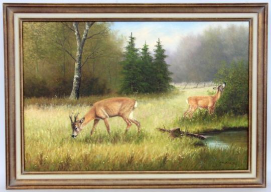 BOESE, KARL HANS, Wernigerode 1919 - 2002 Rehe auf einer Waldlichtung by Karl Hans Boese