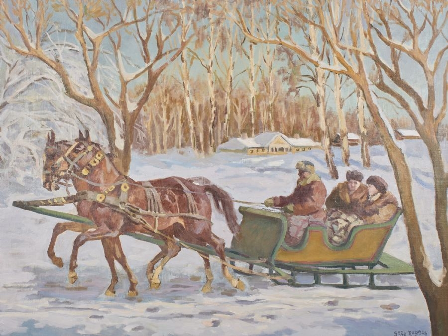 Artwork by G. Rozmus, Slädfärd i vinterlandskap, Made of Oil on canvas