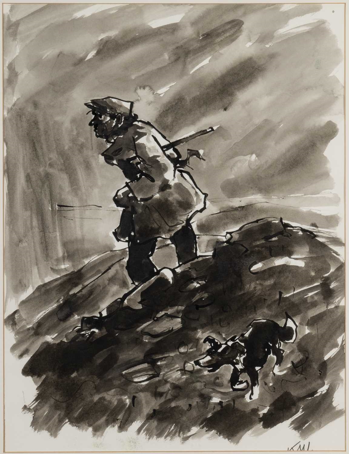 ‡ SIR KYFFIN WILLIAMS RA ink and wash - entitled verso 'Shepherd and Dog' on Oriel Tegfryn Gallery label