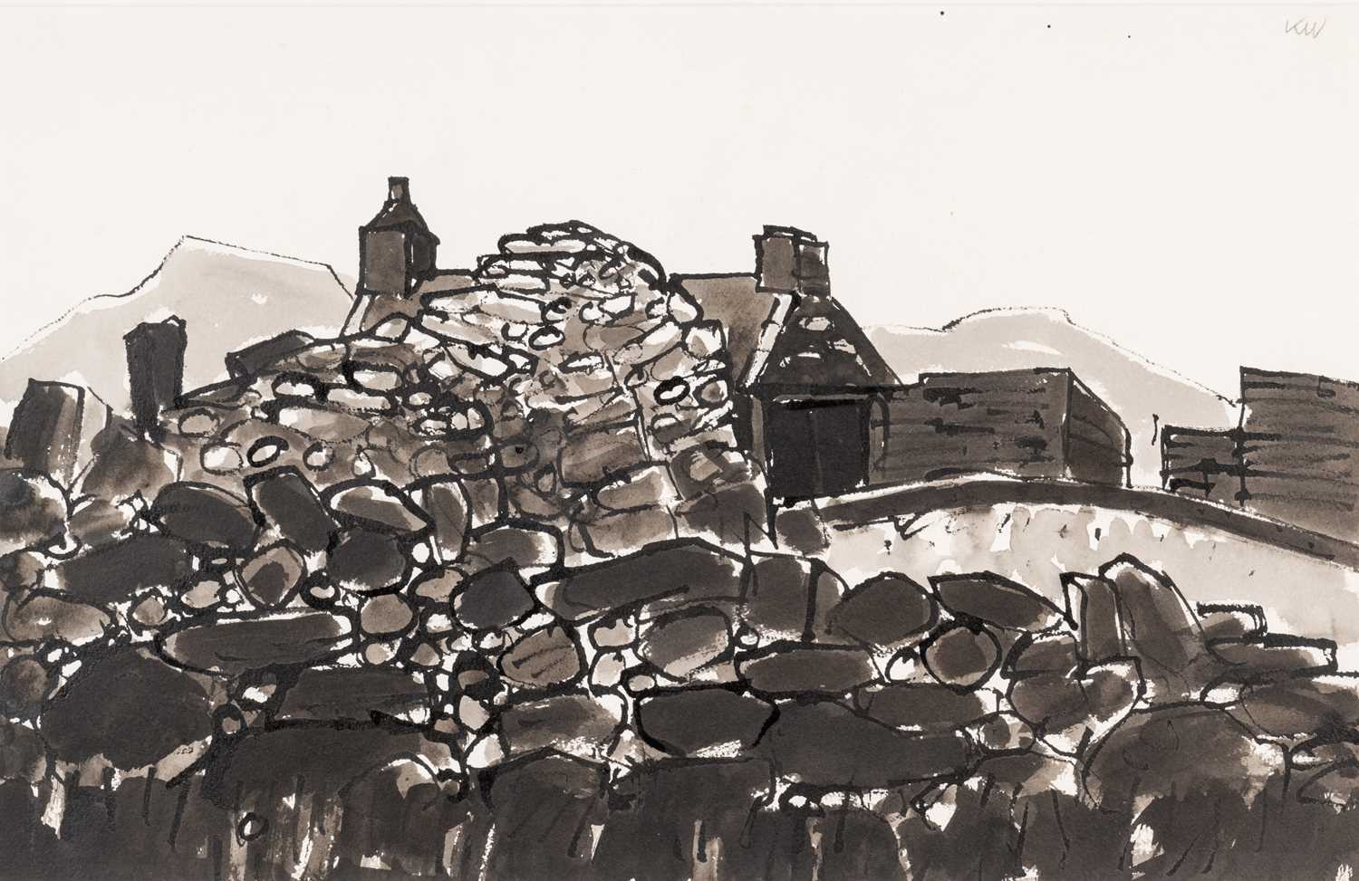 ‡ SIR KYFFIN WILLIAMS RA ink and wash - upland stone dwelling and drystone walls