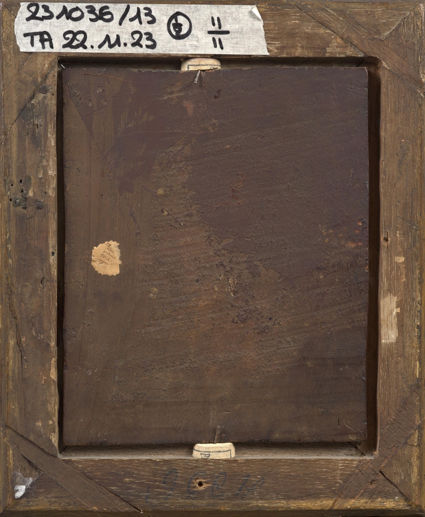 Artwork by Marie-Marc Antoine Bilcocq, Portrait d'homme au chapeau noir et Portrait de femme au fichu blanc et au ruban rose, Made of oil on walnut panel