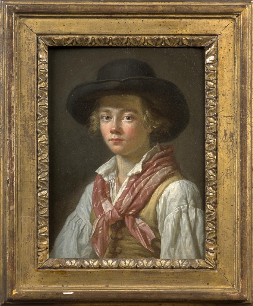Artwork by Marie-Marc Antoine Bilcocq, Portrait d'homme au chapeau noir et Portrait de femme au fichu blanc et au ruban rose, Made of oil on walnut panel