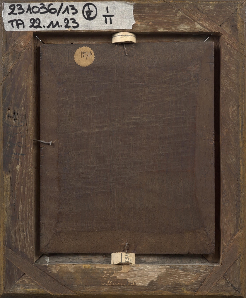 Artwork by Marie-Marc Antoine Bilcocq, Portrait d'homme au chapeau noir et Portrait de femme au fichu blanc et au ruban rose, Made of oil on walnut panel