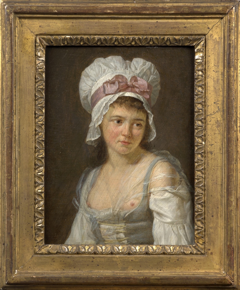 Artwork by Marie-Marc Antoine Bilcocq, Portrait d'homme au chapeau noir et Portrait de femme au fichu blanc et au ruban rose, Made of oil on walnut panel