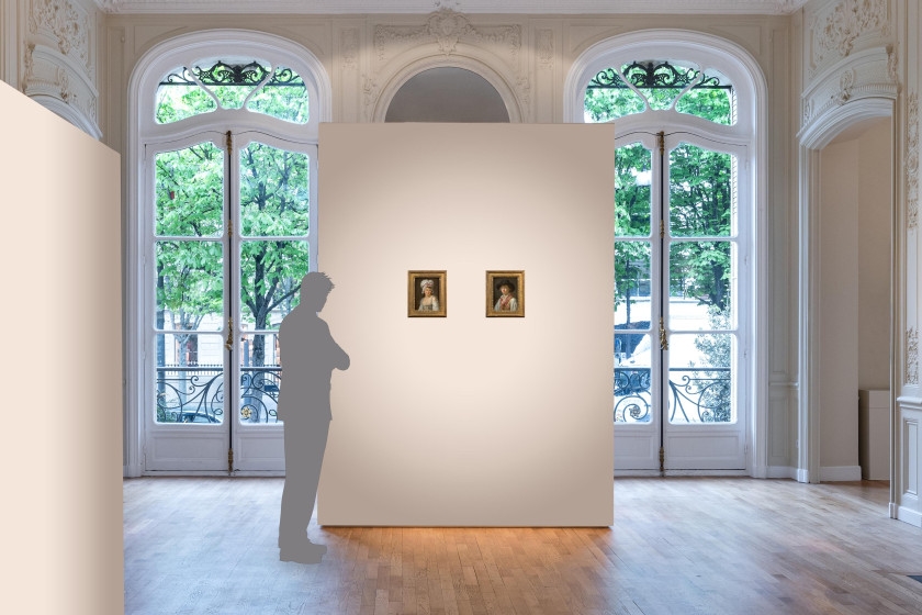 Artwork by Marie-Marc Antoine Bilcocq, Portrait d'homme au chapeau noir et Portrait de femme au fichu blanc et au ruban rose, Made of oil on walnut panel
