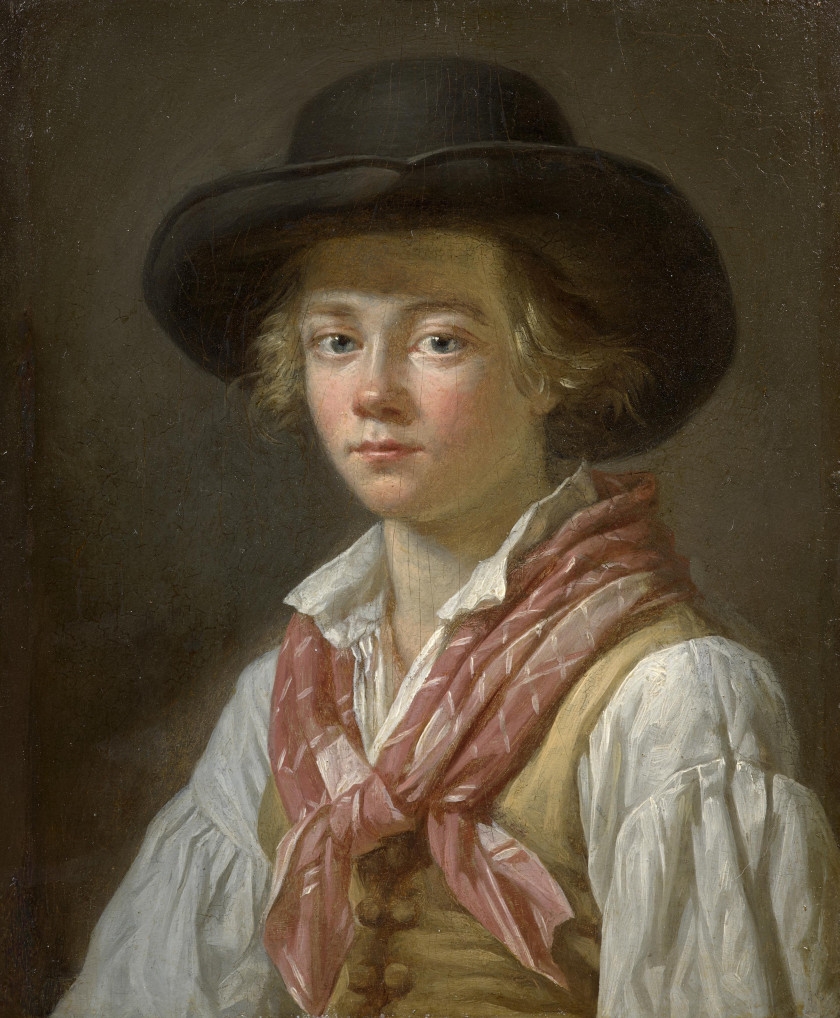 Artwork by Marie-Marc Antoine Bilcocq, Portrait d'homme au chapeau noir et Portrait de femme au fichu blanc et au ruban rose, Made of oil on walnut panel