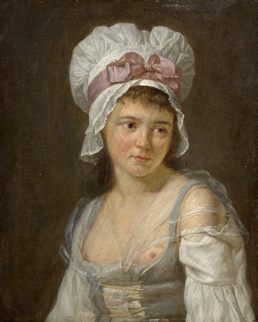 Artwork by Marie-Marc Antoine Bilcocq, Portrait d'homme au chapeau noir et Portrait de femme au fichu blanc et au ruban rose, Made of oil on walnut panel
